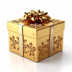 Golden Gift Box Adorned with Snowflakes and a Bow on White Background