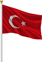 Realistic Turkiye Flag Waving on Pole with Silk Fabric Texture, 3D Render Isolated on Transparent Background