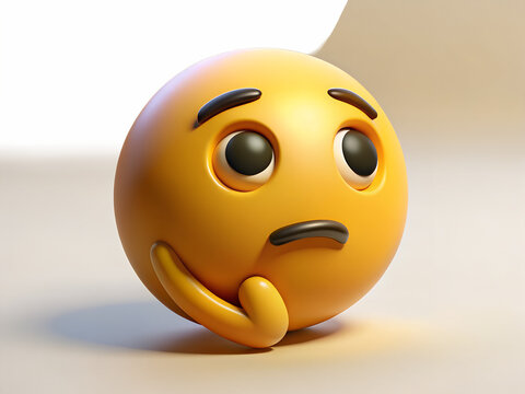 Pensive emoji with hand on chin isolated on transparent background, conveying thoughtfulness and a touch of sadness