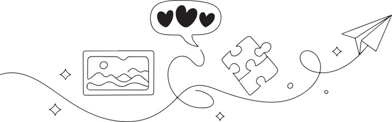 Puzzle Image Line Icon  Continuous One Line Jigsaw Piece with Photo Sign and Heart Rate Review Symbol