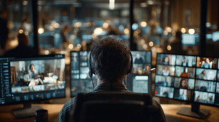 Man with headset views multiple screens in office setting