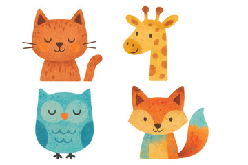 Obraz premium Cute watercolor forest animals set including cat, giraffe, owl, and fox, perfect for nursery art with transparent background