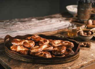 Warm, golden Lussekatter buns fill a wooden tray on a flour-dusted table. Baking supplies surround the tray, suggesting a fresh batch from the oven in a Nordic kitchen