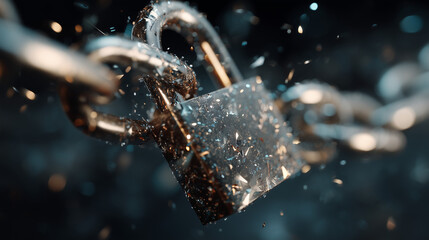 A broken padlock with a chain in a dramatic setting close up