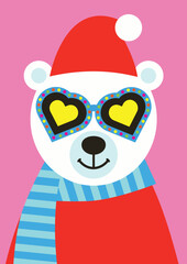 A polar bear wearing a red Santa hat, blue striped scarf, and colorful heart-shaped sunglasses.  Christmas design perfect for cards, posters, or kids’ holiday art.