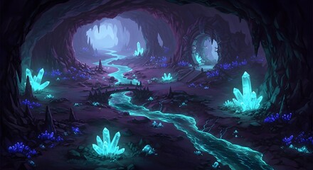 Obraz premium Explore a stunning magical cave with glowing crystals and a flowing river leading to a mysterious portal offering untold fantasy adventure