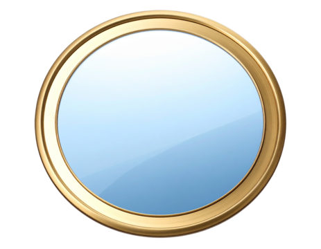 Luxury Gold Framed Round Mirror with Gentle Blue Reflection transparent background.