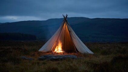A tranquil scene of a traditional tent nestled in a mountain landscape at twilight, illuminated by a warm campfire.