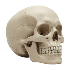 Human skull in profile view shows intricate bone structure and detail.