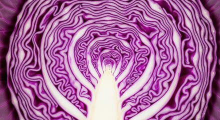 Obraz premium Abstract Macro Shot Red Cabbage Halved Cross Section Vibrant Purple White Intricate Layers Organic Vegetable Detail Healthy Food Background