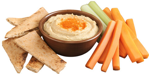 Creamy hummus with paprika and pita bread carrot sticks and celery sticks