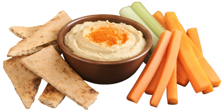 Creamy hummus with paprika and pita bread carrot sticks and celery sticks