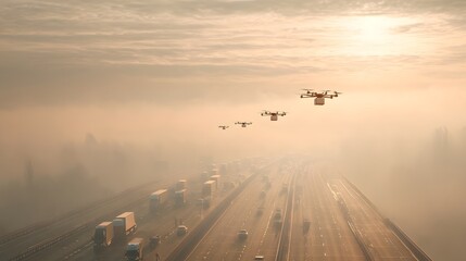 aerial photo of delivery drones flying over a busy highway filled with trucks and cargo vans