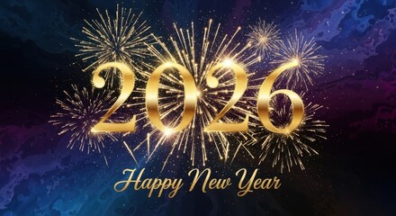 Obraz premium Happy New Year 2026 golden text with fireworks, festive 2026 celebration background, luxury gold numbers on dark night sky for holiday greeting cards