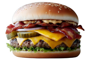 Juicy bacon cheeseburger with lettuce pickles and red onion on a sesame seed bun