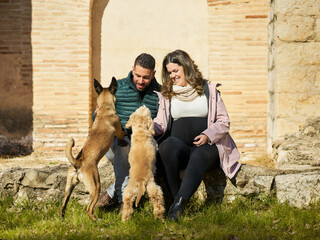 Expectant parents enjoying happy family moment with dogs