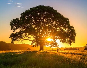 Large tree silhouette against golden sunset sky in meadow