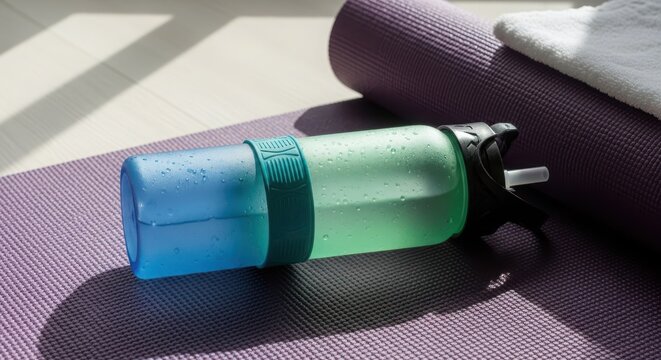 A water bottle rests on a purple yoga mat with a white towel, illuminated by natural sunlight from a window - Powered by Adobe