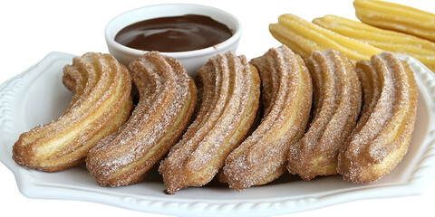 A plate of churros dusted with sugar served with a bowl of melted chocolate
