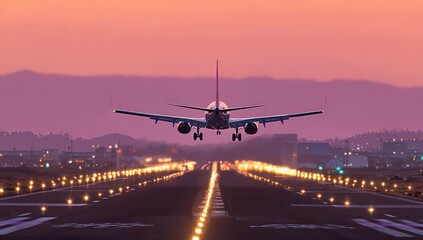 A commercial airplane gracefully descends onto a brightly lit runway at dusk, bathed in a soft, pink sunset glow.