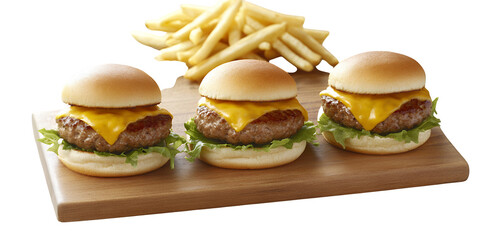 Three mini cheeseburgers with melted cheese and lettuce on buns served with french fries