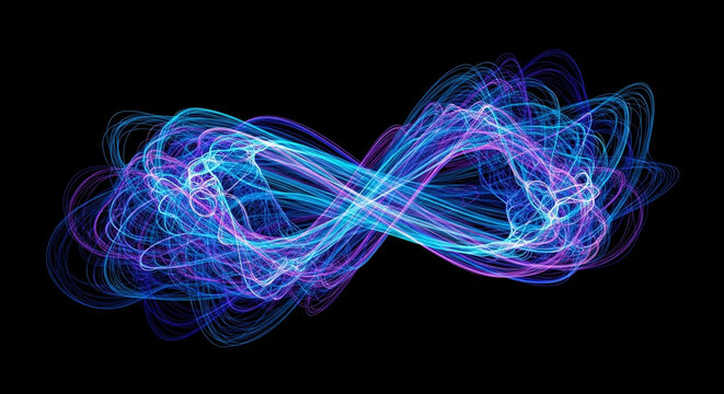 Abstract infinity symbol created with blue and purple light trails on a black background, artistic design