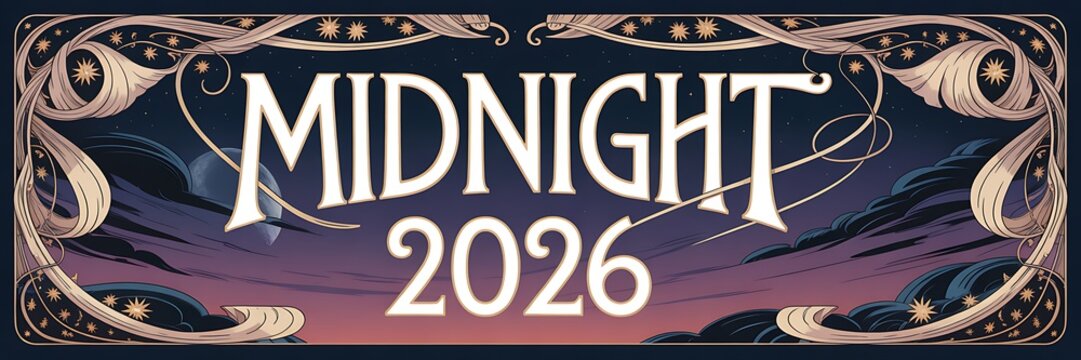 Elegant midnight 2026 text with celestial and art nouveau border design