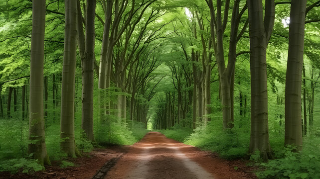 Walkway in a green spring beech forest in Leuven, Belgium. Beautiful natural tunnel. Atmospheric landscape. Eco tourism, travel