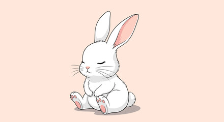 A cute fluffy white bunny with closed eyes is sitting peacefully on a soft pink background looking very calm and relaxed.