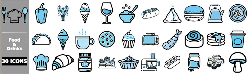 Collection of food and drink icons, featuring various culinary items and beverages in a flat design style.