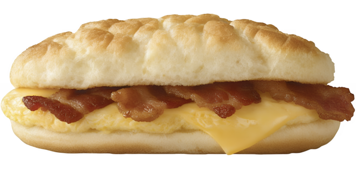 A breakfast sandwich with a bun scrambled eggs crispy bacon strips and melted cheese