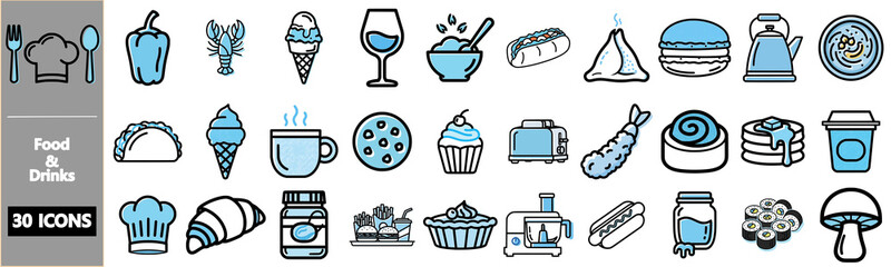 A collection of 30 food and drink icons in a line art style with blue color accents, arranged in a grid on a white background.