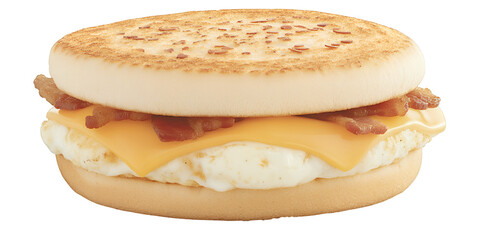 Toasted muffin sandwich with cooked egg melted cheese and bacon strips
