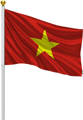 Realistic Vietnam Flag Waving on Pole with Silk Fabric Texture, 3D Render Isolated on Transparent Background