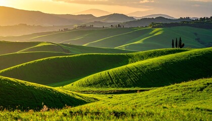 Obraz premium Rolling green hills of Tuscany at sunset with cypress trees.
