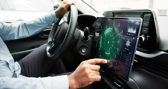 Fototapeta Innovative African-American Man Utilizes Futuristic Technology