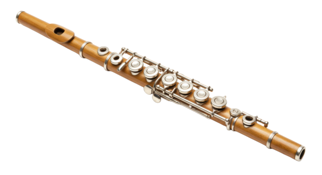 Wooden flute with silver keys on a white background  
