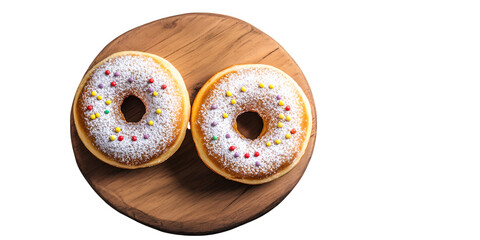 Two sugary donuts with colorful sprinkles dusted with powdered sugar on a wooden board