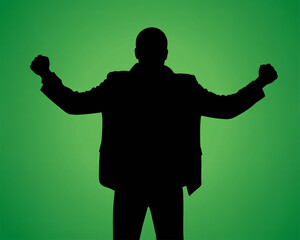 Silhouette of successful businessman celebrating victory with arms raised in triumph, symbolizing achievement, determination, and overcoming challenges at work