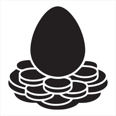 A Simple Black and White Illustration of an Egg Nestled on Coins