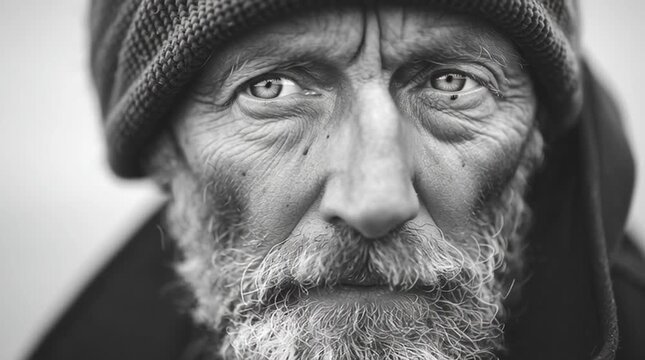 Black and white portrait of an old fisherman by the shore, his textured face and deep eye contact revealing a lifetime of experience and quiet strength.
