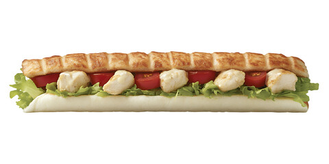 Long sandwich with grilled chicken pieces fresh lettuce and sliced red tomatoes on a white bun
