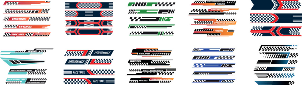 Dynamic motorsport and racing stripe vector collection featuring bold speed lines, checkered flags, car competition graphics, and high-performance stripe designs. Perfect for wrap decals, racing poste
