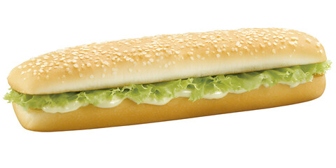 Long Sandwich With Sesame Seed Bun Fresh Lettuce And Creamy Dressing On A Transparent Background