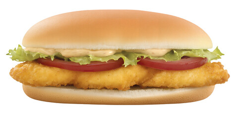 Crispy chicken fillet sandwich with lettuce tomato slices and creamy sauce on a bun