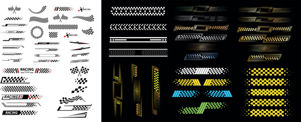 High-speed motorsport and racing stripe vector set featuring energetic motion lines, checkered flags, competition symbols, and car performance visuals. Perfect for race event posters, car wrap decals,