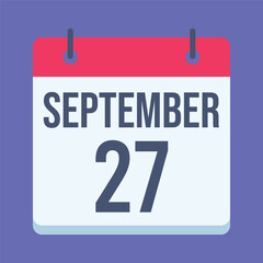 27 September World Tourism Day Calendar. Blue Background. Isolated Vector Calendar.