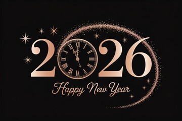 happy new year,happy new year 2026,Elegant 2026 New Year's Eve celebration design with shimmering rose gold clock, stars, and sparkles on black - perfect for holiday greetings