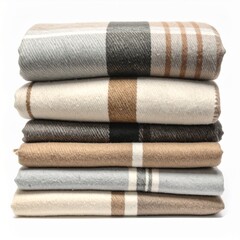 Stack of Folded Striped Wool Blankets in Neutral Tones on White Background