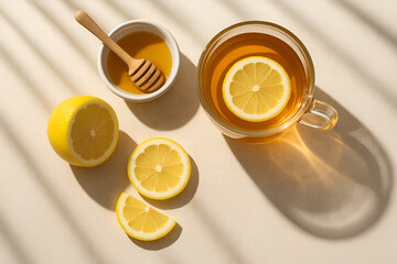 A cup of lemon and honey tea morning breakfast healthy drink